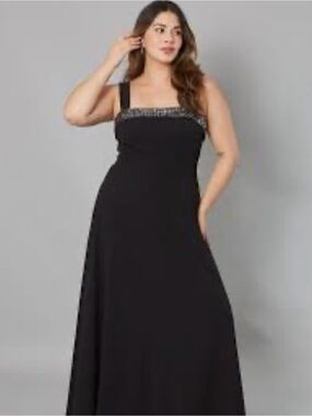 Beaded Trim Black Maxi Dress with Wide Straps